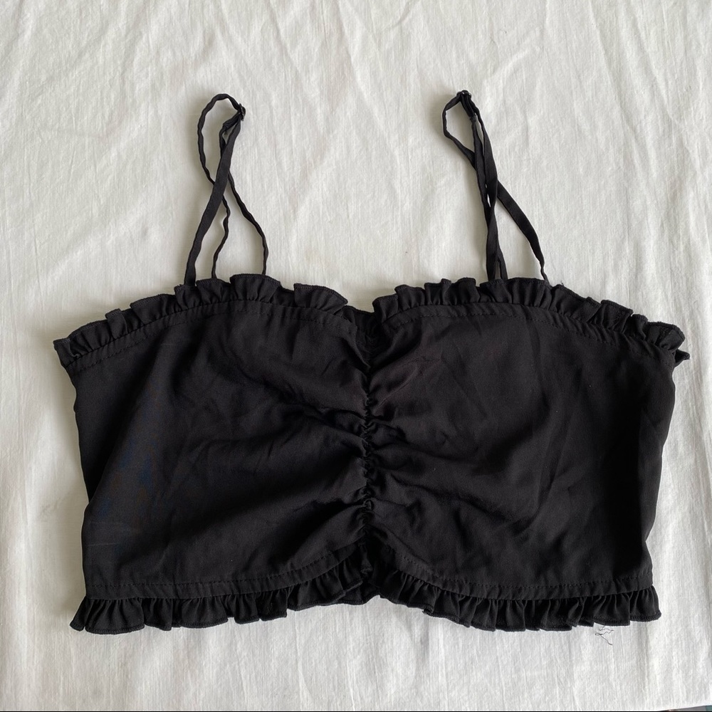 UO Black Ruched Ruffle Cropped Tube Top Adjustable Straps